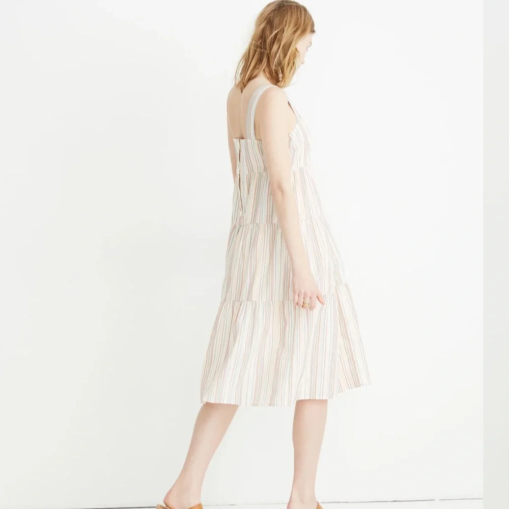 Madewell Striped Button-Back Tiered Dress in Textural Rainbow Stripe - Picture 1 of 5